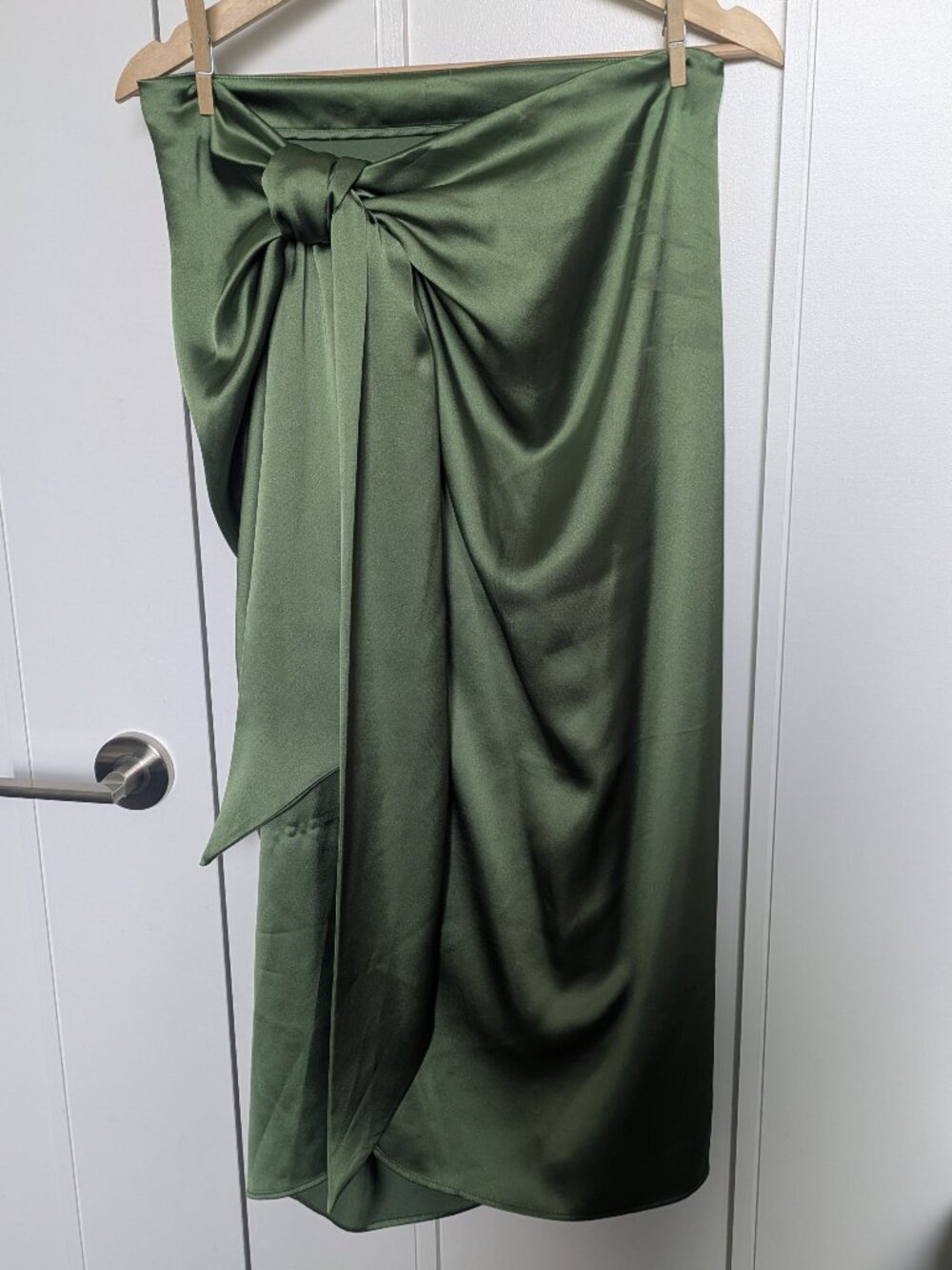 Zara Satin Wrap Midi Skirt – Olive Green Knot Detail